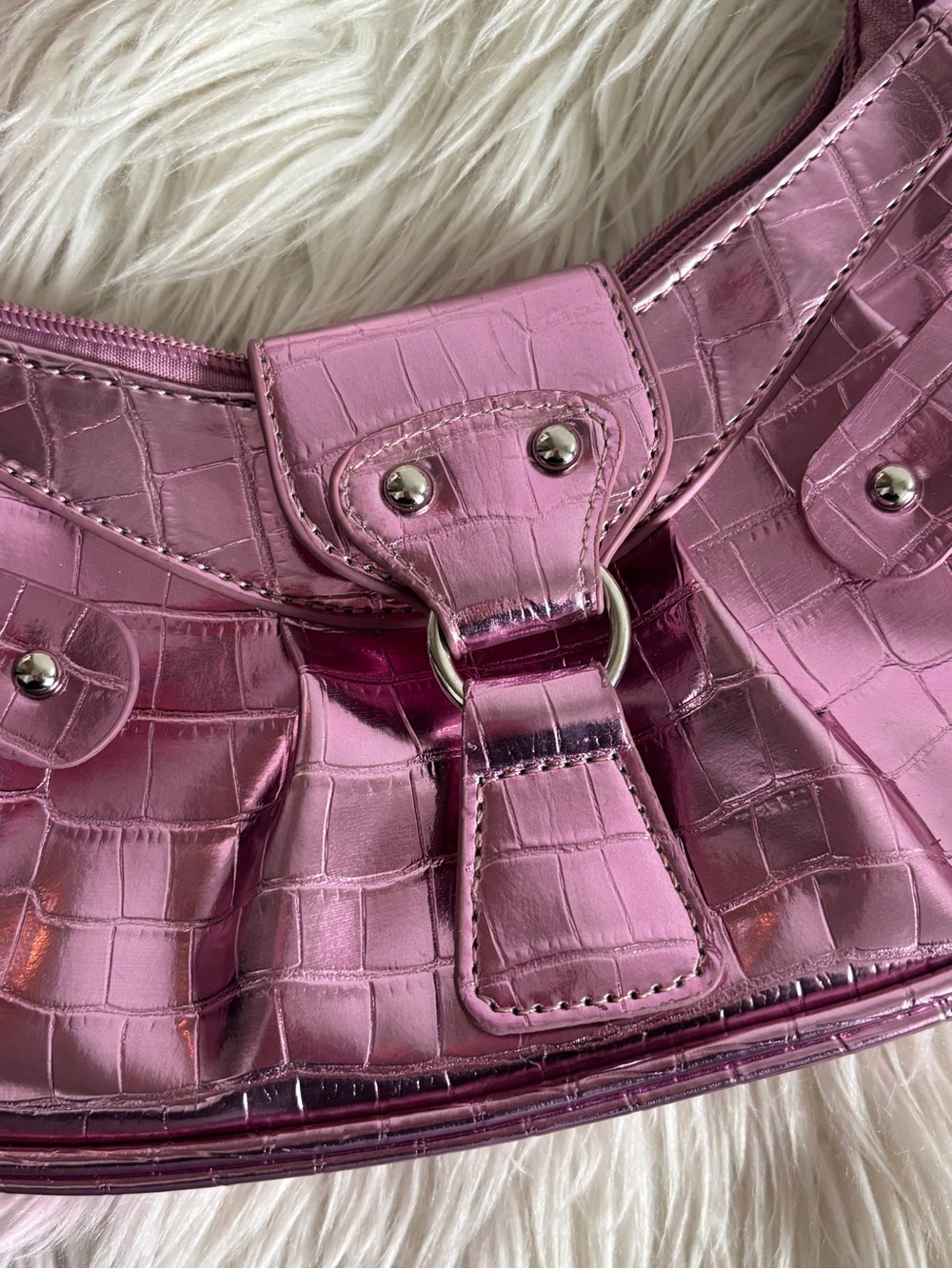 Metallic Pink Croc-Embossed Shoulder Bag - Picture 4 of 6